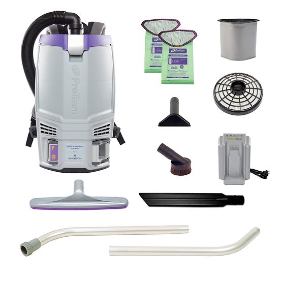 ProTeam 107787 GoFit 6 Cordless 8Ah, 6 qt. Commercial Backpack Vacuum w/ Xover Multi-Surface Two-Piece Wand Tool Kit