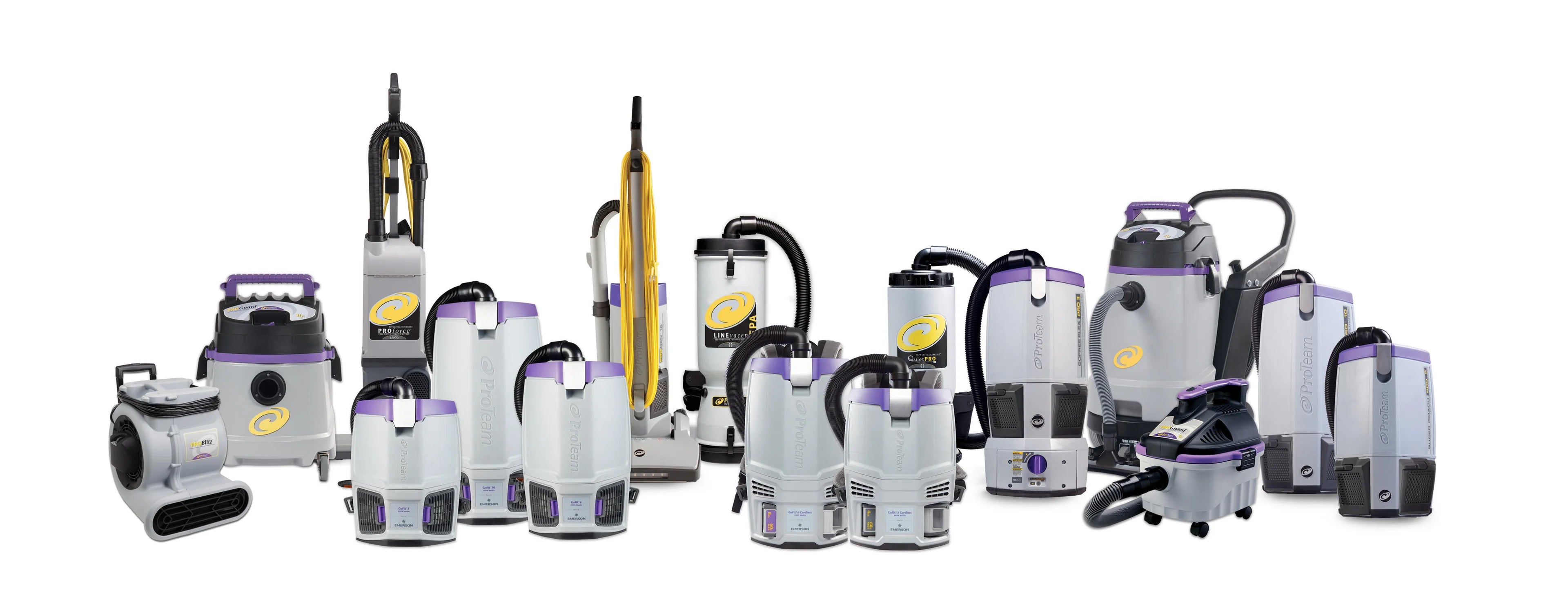 The ProTeam equipment line: air movers, wet/dry canisters, ProGen and ProForce uprights, LineVacer HEPA, QuietPro and GoFree Flex backpack vacuums.